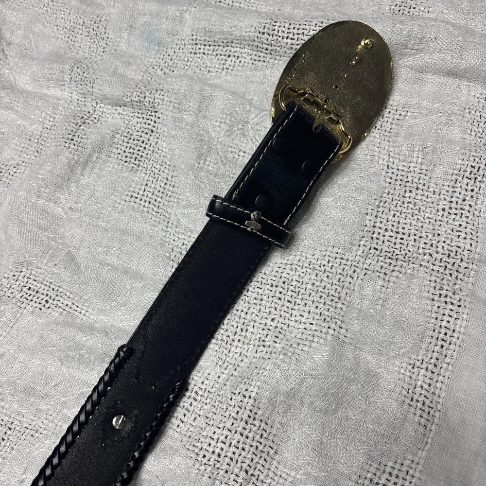 Vtg Nocona Leather Belt Mens 38 Blaxk Western Buckle  Stone Tooled Buckle
